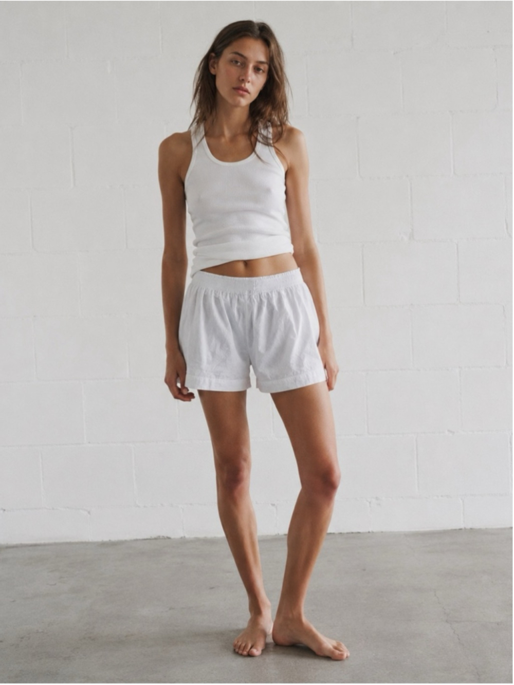 Desiree Deravi White Shorts 100% Cotton Elastic Waist Boxer Style Sz S Minimal